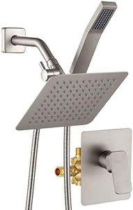 All Metal Shower Faucet Set, Dual Square Shower Head System with Handheld Wand & Rainfall Showerhead, Diverter, Hose Complete Combo, Pressure Balance Rough-in Valve Included