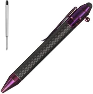 Cool Hand 4.9'' Carbon Fiber Bolt Action Pen with Retractable Stylus Tip for Any Touch Screen, Ballpoint Ink Refillable, Compact Size, Skelton Out Deep Pocket Clip (Carbon Fiber Purple)