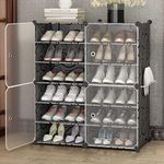 Zemic DIY Freestanding Shoe Rack for Home Plastic Shelves Household, Shelf Shoe Rack with Dustproof Door for Heels/Slippers/Boots for Entryway or Bedroom (Black, 12-Shelf-4-Door)