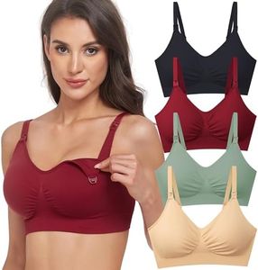 GXXGE 4Pack Womens Seamless Clip Down Maternity and Nursing Bra Push Up Sleeping Bralette for Breastfeeding Underwear Black Beige DeepRed Fair Green Small