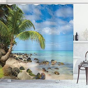 Seaside Decor Collection, Romantic Beach Tranquil Scene Palm Trees Caribbean Island Nature Photography, Polyester Fabric Bathroom Shower Curtain, 75 Inches Long, Blue Ivory Green Aqua