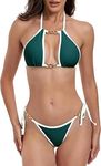 FINE STITCHING Square Neck Bra with Brazilian Drawstring Bikini Swimsuit Sets |Teal Green