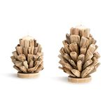 DEMDACO Driftwood Pinecone Natural Brown 8 x 6 Wood and Glass Candle Holder Set of 2