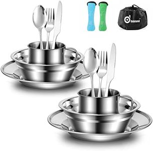 Odoland Set de Couverts Camping, Ustensiles et Bol Soucoupe INOX, Assiette Tasse Couteau Fourchette Cuillère Sac Rangement, Kit de Vaisselle Camping pour 2 Personne Randonnée Pique-Nique