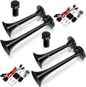 2 Pack 12V 150 dB Loud Air Horn Kit for Truck Boats Car with Air Compressor and Wire Harness Electric Train Horn Chrome Zinc Dual Trumpet Air Horns for Any 12V Vehicles (Black)