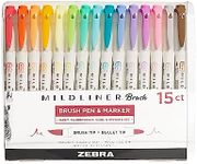 Zebra Pen Mildliner Brush Marker, Double Ended Brush and Fine Tip Pen, Assorted Soft Colors, 15 Count (Pack of 1)