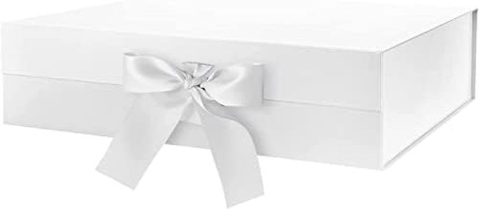 BLK&WH Extra Large Gift Box with Ribbon 16.3x14.2x5 Inches, Large White Gift Box with Lid for Presents, Bridesmaid Proposal Box, Big Gift Box for Clothes and Large Gifts (Glossy White)