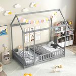 KOMFOTT Twin Size Floor House Bed, Wooden Montessori Bed with Roof & Full-Length Safety Guardrail, Floor Playhouse Bed Frame for Kids, Girls, Boys (Grey)