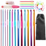 25 Pieces 2mm-9mm Aluminum Crochet Hook Set Multicolor Craft Making Metal Accessories Needles Hooks Knitting Kit for Beginners with Yarn Needle Handle Stitch Markers Supplies Tool