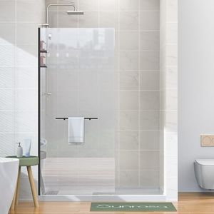 Sunrosa Frameless Glass Shower Panel 34"×76", Fixed Shower Glass Panel with Shelves in Matte Black, 3/8" Tempered Glass Shower Screen for Walk in Shower