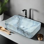 NEXIS Designer Ceramic Wash Basin For Bathroom | Over Counter Bathroom Basin | Counter Top Bathroom Sink | Wash Basin For Restaurant, Hotel (24 x 14 x 5 Inch) (Marble Beige Blue Designer)