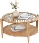 RUSTOWN Farmhouse Round Coffee Table, 2-Tier Boho Center Table with Handmade Rattan & Tempered Glass Top and Wood Legs, Rustic Circle Coffee Table for Living Room, Natural