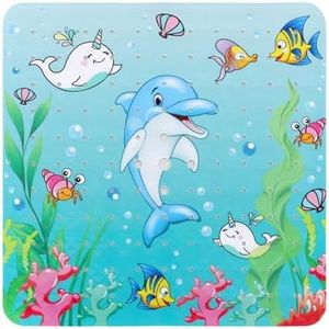 Shower Mat Non Slip Square, 21 x 21 inch Baby Cartoon Shower Bath Mat with Suction Cups, Bathroom Safety Bathtub Mat for Elderly, Pregnancy, Kids (Dolphin, 53 x 53cm)