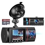 Dual Dash Cam Front and Inside with 64GB Memory Card, FHD 1080P Dashcams for Cars 2" IPS Display Dash Cameras with Night Vision, G-Sensor, Loop Recording, Parking Monitor, Motion Detection, WDR