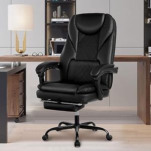 Guessky Executive Office Chair, Leather Reclining Chair with Foot Rest High Back Home Office Desk Chair Big and Tall Office Chair with Lumbar Support Ergonomic Office Chair with Padded Armrests(Black)