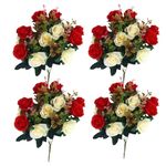 4 Bunches Fake Roses 11.8'' Artificial Flowers for Graves 12 Flower Heads Silk Memorial Flowers for Grave Vase Cemetery Decor Red