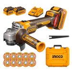 INGCO 115mm Cordless Angle Grinder 20V Brushless Angle Grinder Tools 9000RPM M14 with 2Pcs 4.0Ah Batteries, 1Pcs Fast Charger, 10Pcs Cutting Discs for Cutting, Polishing and Sharpening CAGLI211542