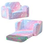 MeMoreCool Folding Kids Sofa Bed, Toddler Sofa Chair, Soft Plush Fold Out Kids Couch Glow in The Dark, Comfy Baby Recliner for Girls & Boys, Glowing Unicorn