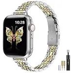 MioHHR Slim Metal Band Compatible with Apple Watch Band 49mm 45mm 44mm 42mm,Dressy Stainless Steel Chain Strap for Women iWatch Bands Series 8 7 6 5 4 3 2 1 SE Ultra,Silver/Gold