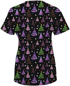 Green Town Scrubs for Women V-Neck Scrub Top - Holiday Prints, 3 Pockets, Easy Care Uniforms-Christmas Trees with Hearts-Small