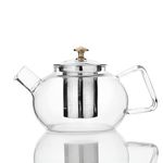 VENDLY Stylish Loose Leaf Tea Teapot – Clear Glass with Easy Pour Spout, Glass Handle & Stainless Steel Infuser 1-LTR (Steel LID)