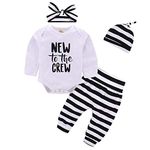 i-Auto Time Baby Girl Boy Clothes New to The Crew Romper+Striped Pants+Hat+Headband (0-6 Months) White