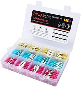 HKS 260PCS Heat Shrink Ring Terminals -12-10 16-14 22-16 AWG - Tinned Red Copper 4 Sizes #10,1/4",5/16",3/8" - Marine Electrical Wire Connector Kit - Waterproof and Insulated Crimp Terminals Set