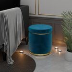 ETIQUETTE ART Velvet Round Dual Strip Ottoman Office Stool Foot Rest Stool Linen Fabric Padded Seat Pouf Ottoman with Round Shape for Living Room (Aqua)