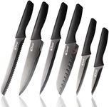 GlowSol Black Kitchen Knife Set of 6, Kitchen Knife Set with Sheath, German High Carbon Stainless Steel Chef Knives Set of 6, Ultra Sharp Knives Set for Kitchen Cooking, Black Knife Set with Covers