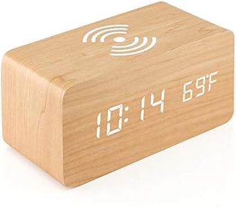 OCT17 Alarm Clock with Qi Wireless Charging Pad Compatible with iPhone Samsung Wood LED Digital Clock Sound Control Function, Time Date, Temperature Display for Bedroom Office Home - Wood