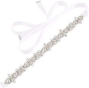 WEZTEZ Silver Rhinestones Bridal Sash Belt Clear Crystal Wedding Belt Pearl for Bride Dress Plus Size, White, One Size