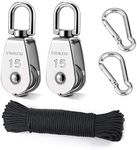 TooTaci 15mm Crane Pulley Block Swivel Hook Single Pulley Block Hanging Wire Towing Wheel 304 Stainless Steel - 20 Meter Nylon Pulley Line Rope & Carabiner Snap Hook Clips - 2Pcs