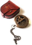 Brass Sundial Compass with Leather Case and Chain - Push Open Compass - Steampunk Accessory - Antiquated Finish - Beautiful Handmade Gift -Sundial Clock