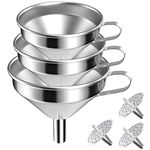 Milky House Funnels (6 in 1), Large Stainless Steel Funnel Set 3 Pack (4.1Inch/ 5.0 Inch/ 5.7 Inch) with 3 Pack Removable Strainer for Transferring Liquid, Fluid and Dry Ingredients,Bonus A Cleaning Brush