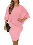 QIXING Womens Summer Casual Dress Loose Batwing Sleeve Crew Neck Chiffon Cape Elegant Midi Cocktail Pencil Dresses for Women UK for Funeral Party Wedding (Pink, L)