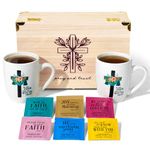 Thoughtfully Gourmet, Christian Prayer Tea Gift Set, Includes 30 Teas in 6 Flavours with Bible Verses & 2 Religious Mugs in Premium Wooden Box