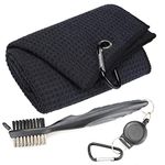 Mile High Life Microfiber Waffle Pattern Tri-fold Golf Towel | Brush Tool Kit with Club Groove Cleaner, Retractable Extension Cord and Clip (Black Towel+Grey Brush)