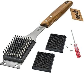 BBQ-AID Grill Brush and Scraper with 2 Replacement Heads - Extended, Large Wooden Handle and Stainless Steel Bristles – Safe, No Scratch Cleaning - Best for Any Grill: Char Broil & Ceramic