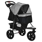 PawHut 3 Wheel Folding Dog Pet Stroller Jogger Travel Carrier Adjustable Canopy Storage Brake Mesh Window for Small Medium Dog Cat Grey