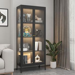 Kubohogar Display Cabinet with Glass Doors, 66" Curio Cabinet with 3 Color Lights, 4 Tier Display Case for Collectibles, Black Metal Cabinets for Living Room Office