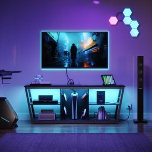 MAHANCRIS Modern TV Stand for TVs up to 65 Inch, Entertainment Center with Power Outlet and LED Lights, Media Console Table with Shelf for PS5, Gamepad, Living Room, Bedroom, Black TVHB36E01