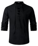 Enlision Mens Cotton Linen Shirts Lace up Medieval Vintage Costume Long Sleeve Classic Scottish Jacobite Ghillie Kilt Shirt Black 3XL