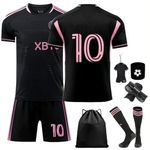 Football Jersey Set for Kids No.10 with T-shirt Trousers, Knee Pads Plates Wrist Guards, Storage Bag Keychain, Football Themed Party Costumes Gift for Boys Girls-Black (30)