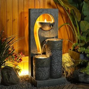 Tankana Water Fountain Zen Feature Outdoor Indoor - Waterfall Garden Freestanding Fountains ρ-Shaped Hollow Artistry Design with LED Lights for Home Decor Patio Yard Pool (41 inches Tall, Gray)