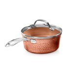 Gotham Steel Nonstick Hammered Copper Collection – 2.5 Quart Sauce Pan with Lid, Premium Cookware, Aluminum Composition with Induction Plate for Even Heating, Dishwasher & Oven Safe