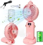 Handheld Fan with Water Mist Spray, 5 Speeds 5000mAh Rechargeable Portable Fans, Folding Water Fan, Pocket Fan Personal Fan, Mini Fan with Lanyard, Detachable Base, Water Bottle, LED Display ( Pink )