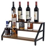 MyGift 3 Tier Wine Bottle Rack, Industrial Matte Black Metal and Rustic Burnt Solid Wood Tabletop Storage Rack in Stair Step Design for Bar or Kitchen Spices