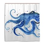 JSTEL Decor Shower Curtain Blue Octopus Watercolor Pattern Print 100% Polyester Fabric 66 x 72 Inches for Home Bathroom Decorative Shower Bath Curtains with Plastic Hooks