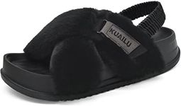 KuaiLu Womens Fuzzy Cross Band Platform Sandals with Back Strap Arch Support for Spring Fall Furry Ladies Open Toe Slingback Slide Slippers Cozy Plush Fleece Comfy House Shoes Slippers Black 6