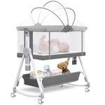 Baby Bassinet, 3 in 1 Bassinets Bedside Sleeper, 7 Height Adjustable Bedside Bassinet for Baby with Wheels and Mattress, 4-Sided Mesh Bedside Crib for Newborn, Grey, Youluzhen